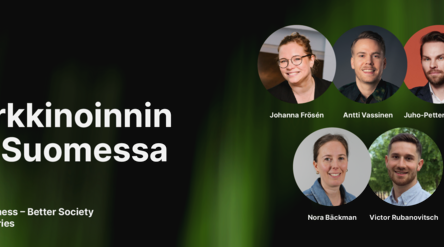 Seminaarijuliste: Markkinoinnin tila Suomessa, Aalto-yliopiston logo ja viisi puhujamuotokuvaa vihreällä taustalla