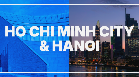 Banner for the event, including an image of the amphi in Otaniemi and an image from Hanoi, with the text on top of the images "Ho Chi Minh City & Hanoi"