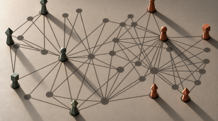 Stylized game pieces cast long shadows forming a network of nodes and links, representing hidden social structures. 