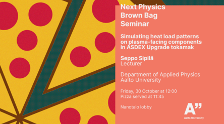 Poster for Aalto physics seminar with abstract pizza slice background and event details on orange panel