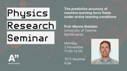 Aalto Physics Research Seminar poster with event details and a smiling man’s portrait on grey graphic background