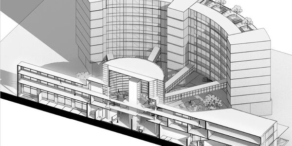 Architectural drawing of a modern building complex with curved glass facade and rooftop trees.