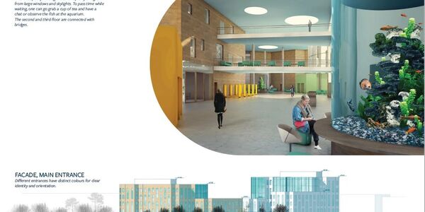 Lobby with high ceilings, large windows, and an aquarium. People are sitting and walking. Building facade shown below.