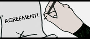 A person signing a document titled agreement. The image is a drawing. 