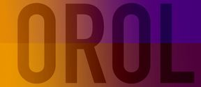OROL-logo. Suuri teksti (OROL) keltainen ja liila liukuväri tumman tekstin taustalla