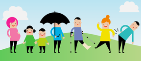 Illustration of Terveyskylä picturing people of different ages and different types of complaints