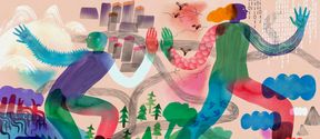 Piirroskuvitus Aalto University Magazinen kansista. Kuvassa on kaksi ihmishahmoa kävelemässä, taustalla erilaisia ympäristöjä mm. kaupunki, metsä, vuoristo. Kuvittaja: Satu Kettunen.
