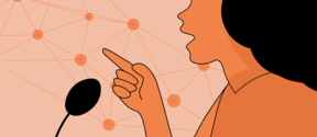 Illustration of a person speaking on a microphone.