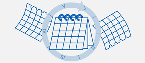 Blue calendar pages around a central spiral desk calendar inside a circular time arrow