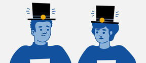 Drawing of two doctoral students each holding a paper, with doctor's hats shining on their heads.