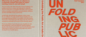 Front and back covers of book called Unfolding Public Art. Text in red, book covers in sand colour. 