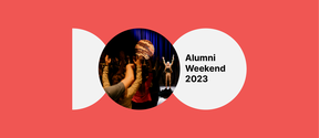 Red background with words Alumni weekend 2023 on white, a woman cheering in a smaller picture