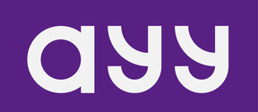 AYY logo, white AYY text of purple background