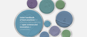 Unite! logo, bubbles and text "Unite! handbook of best practices for effective mainstreaming of open science and innovation at Universities"