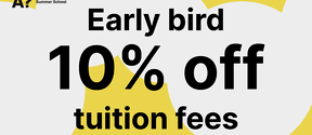 white bubbles on a yellow background and text early bird 10% off tuition fees by Aalto University Summer School