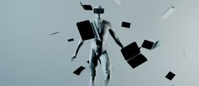 A figure of a man floating in the air, wearing a 3D headset, laptops floating around him
