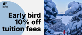 A person walking in snowy Finnish scenery by a lake or a sea. Text Early bird 10% off tuition fees.