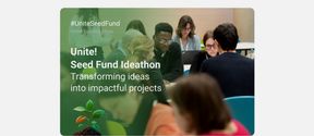Students working in team. Text Unite! Seed Fund Ideathon - Transforming ideas into impactful projects. 