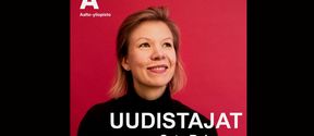 red background, Satu Rekonen, Aalto University logo and text Uudistajat Satu Rekonen