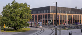A tram moves past a modern brick building, with a large tree on its left and bicycles parked on the right.