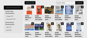A gallery view of posters titled 'Arabia Maskerad' from 2001 to 2006. A filter menu is on the left.