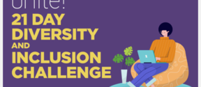 Illustration of a person on a beanbag with a laptop next to text: '21 Day Diversity and Inclusion Challenge'.