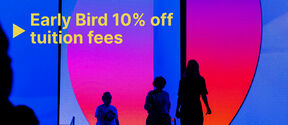 Silhouettes of three people in front of a colourful screen displaying 'Early Bird 10% off tuition fees'.