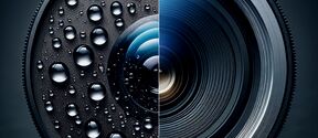 Close-up of a camera lens; the left half is covered in water droplets, and the right half is clean and clear.