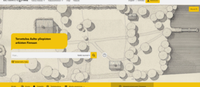 Homepage of Aalto University's archive Finna, displaying a navigation bar and a search bar over a drawing of buildings and trees.