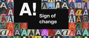 Collage of colourful letter A designs with 'A! Sign of change' in bold white text on a black background in the centre.
