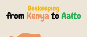 Illustration of beekeepers in Kenya and Finland with bees flying above honey containers. Text reads 'Beekeeping from Kenya to Aalto'.