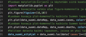 Kuvakaappaus koodista tekstieditorissa, jossa näytetään datan tuonti- ja piirtotoimintoja. Teksti on pääasiassa suomeksi.