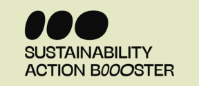 Logo with three black oval shapes and text 'SUSTAINABILITY ACTION B00OSTER' on a light green background.