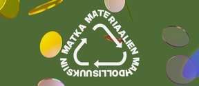 Logo, jossa nuolet muodostavat kolmion. Kelluvia esineitä ympärillä. Teksti: Matka Materiaalien Mahdollisuuksiin vihreällä taustalla.