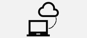 Black icon of a laptop connected to a cloud on a white background, representing cloud computing.