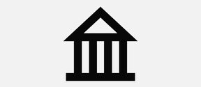 Black icon of a classical building with columns on a white background.