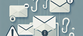 Illustration of emails, warning signs, and hooks indicating phishing and security alerts.
