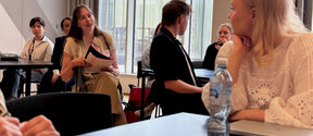 A group sitting around tables in a modern room; some are holding papers and discussing. Photo from the EDI workshop in June 2025.