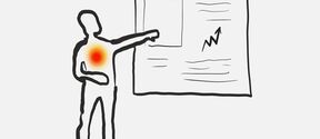 A sketched person pointing to a presentation board with data and a rising graph. A red spot is on their chest.