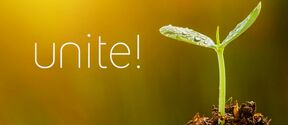 A young green seedling with water droplets in soil. 'unite!' text is written on the yellow-orange background.