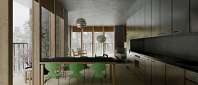 Modern kitchen and dining area with wooden floor, black countertops, green chairs, and large windows.
