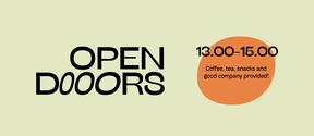 Invitation to 'OPEN DOOORS' event from 13:00 to 15:00, with coffee, tea, snacks, and good company.