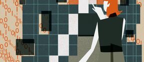Illustrated woman with orange hair points at pixelated screen with binary code. She is wearing a sleeveless dress.