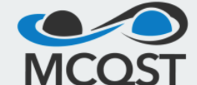 Logo with black and blue shapes above the letters MCQST in black