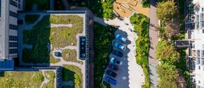 Aerial view of a green rooftop garden next to a parking lot with several cars and surrounding buildings.