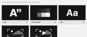 En webbsida med sektioner för logotyp, färgpalett, typsnitt, bilder och videor, var och en representerad av ikoner.