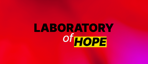 Text 'LABORATORY of HOPE' on a vibrant red and purple background. 'HOPE' is highlighted in yellow.