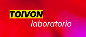 Teksti 'TOIVON' mustalla keltaisella, 'laboratorio' valkoisella punaisella ja vaaleanpunaisella taustalla.