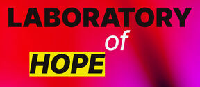 Text 'LABORATORY of HOPE' on a red and pink gradient background. 'HOPE' is highlighted in yellow.
