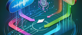 Digital illustration of clouds, arrows, and a microphone representing data flow and cloud computing.